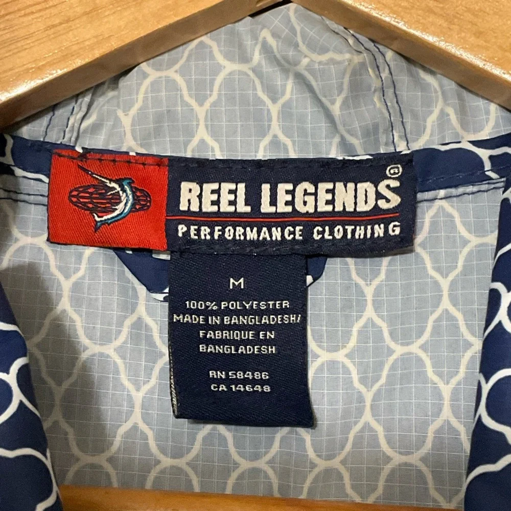 REEL LEGENDS sz Medium Rain Jacket Performance Clothing Packable Blue White